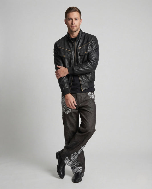 Herren Lederjacke Biker Blouson Stehkragen Schwarz - Norvielle