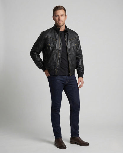 Herren Lederjacke Pilotenjacke Stehkragen Kunstleder - Norvielle