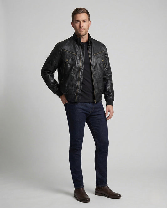 Herren Lederjacke Pilotenjacke Stehkragen Kunstleder - Norvielle