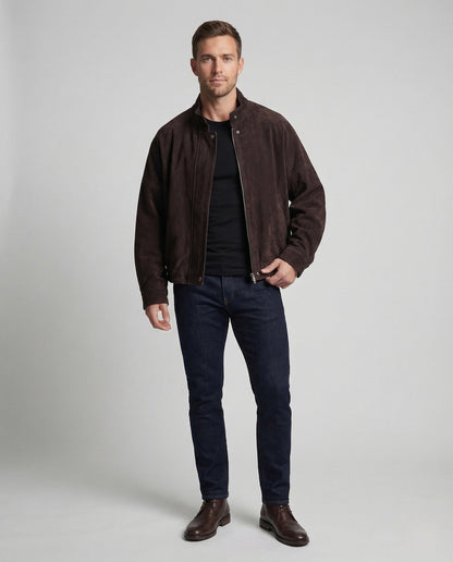 Herren Lederjacke Stehkragen Wildleder Schwarz - Norvielle