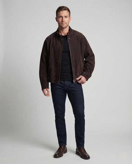 Herren Lederjacke Stehkragen Wildleder Schwarz - Norvielle