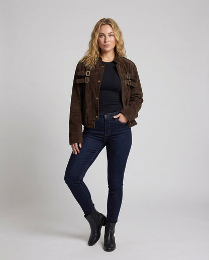 Damen Wildlederjacke Kurz Schnallen Leder Schwarz - Norvielle