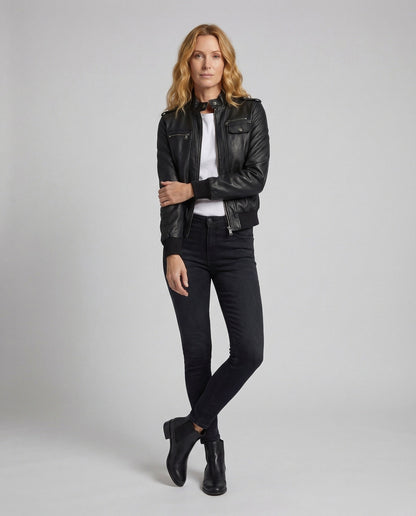 Damen Lederjacke Tailliert Mit Rippbündchen Schwarz - Norvielle