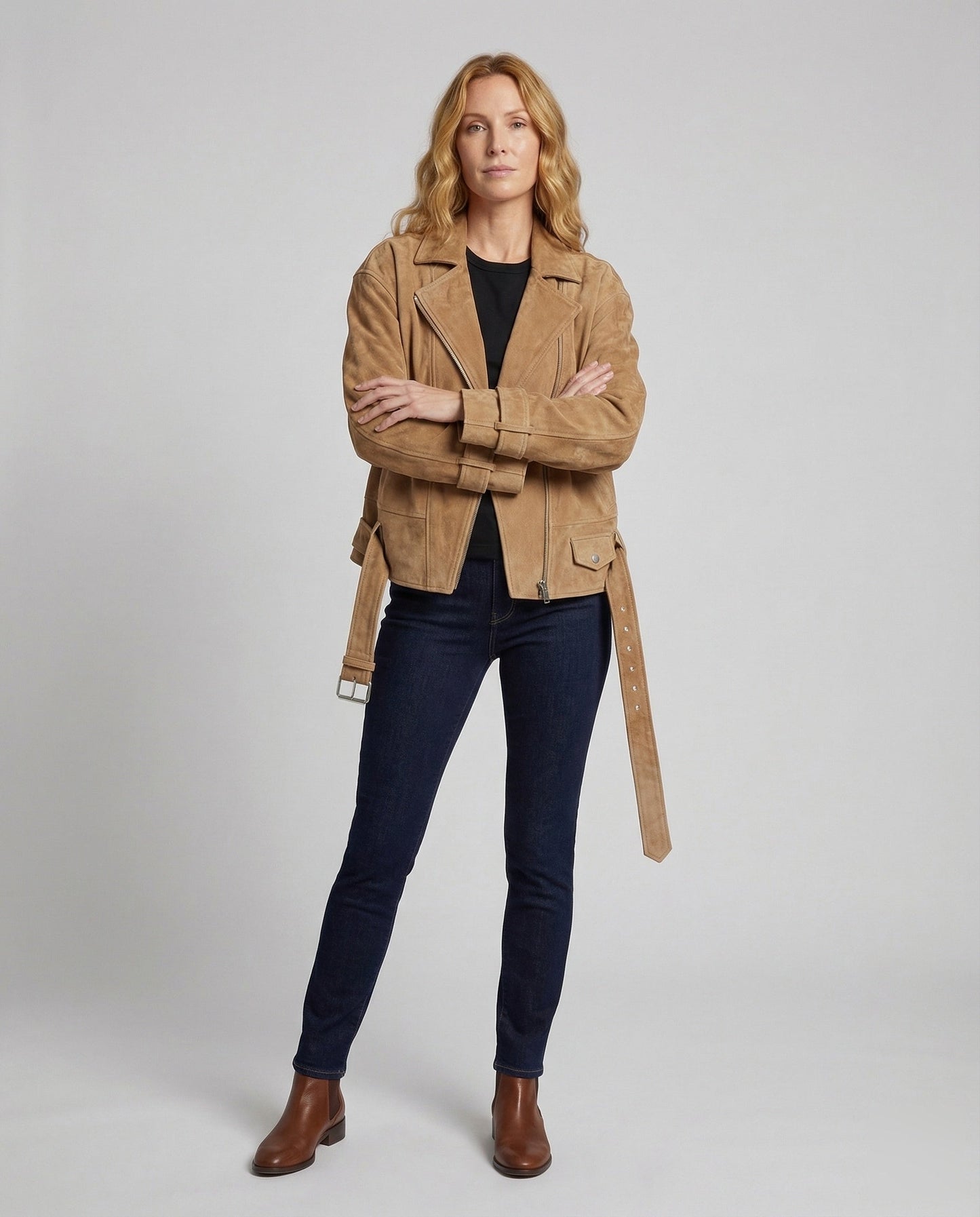 Damen Bikerjacke Veloursleder Mit Gürtel - Norvielle