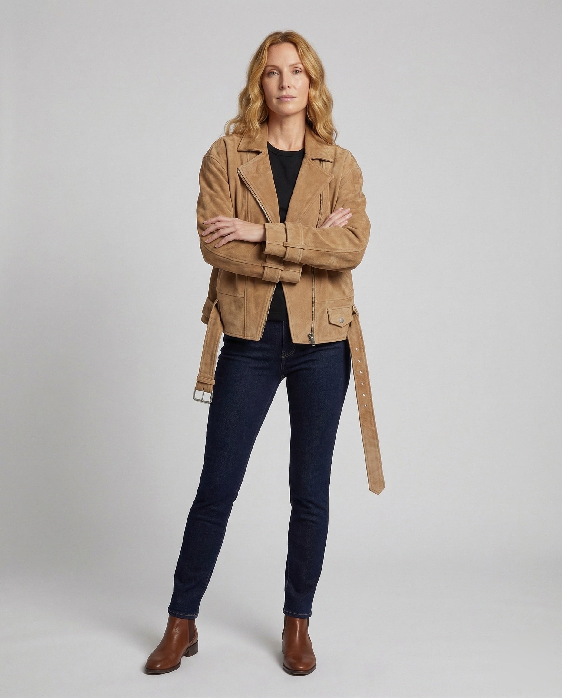 Damen Bikerjacke Veloursleder Mit Gürtel - Norvielle