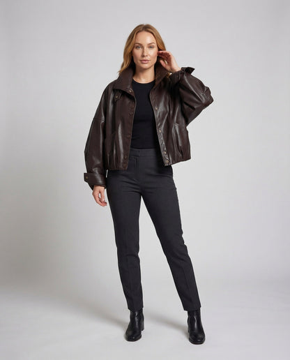Damen Lederbomberjacke Stehkragen Schwarz - Norvielle