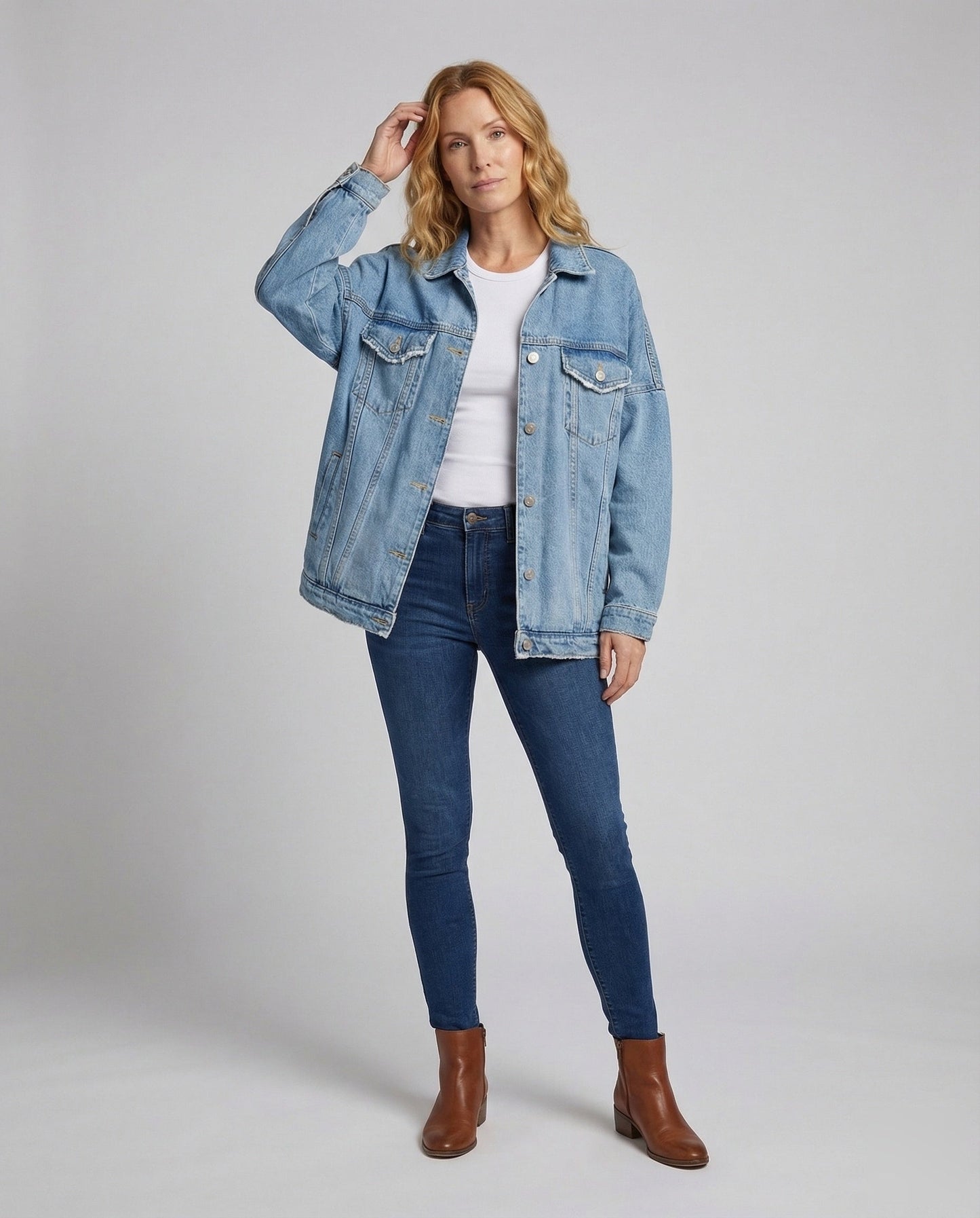 Damen Oversize Jeansjacke Metallknöpfe - Norvielle