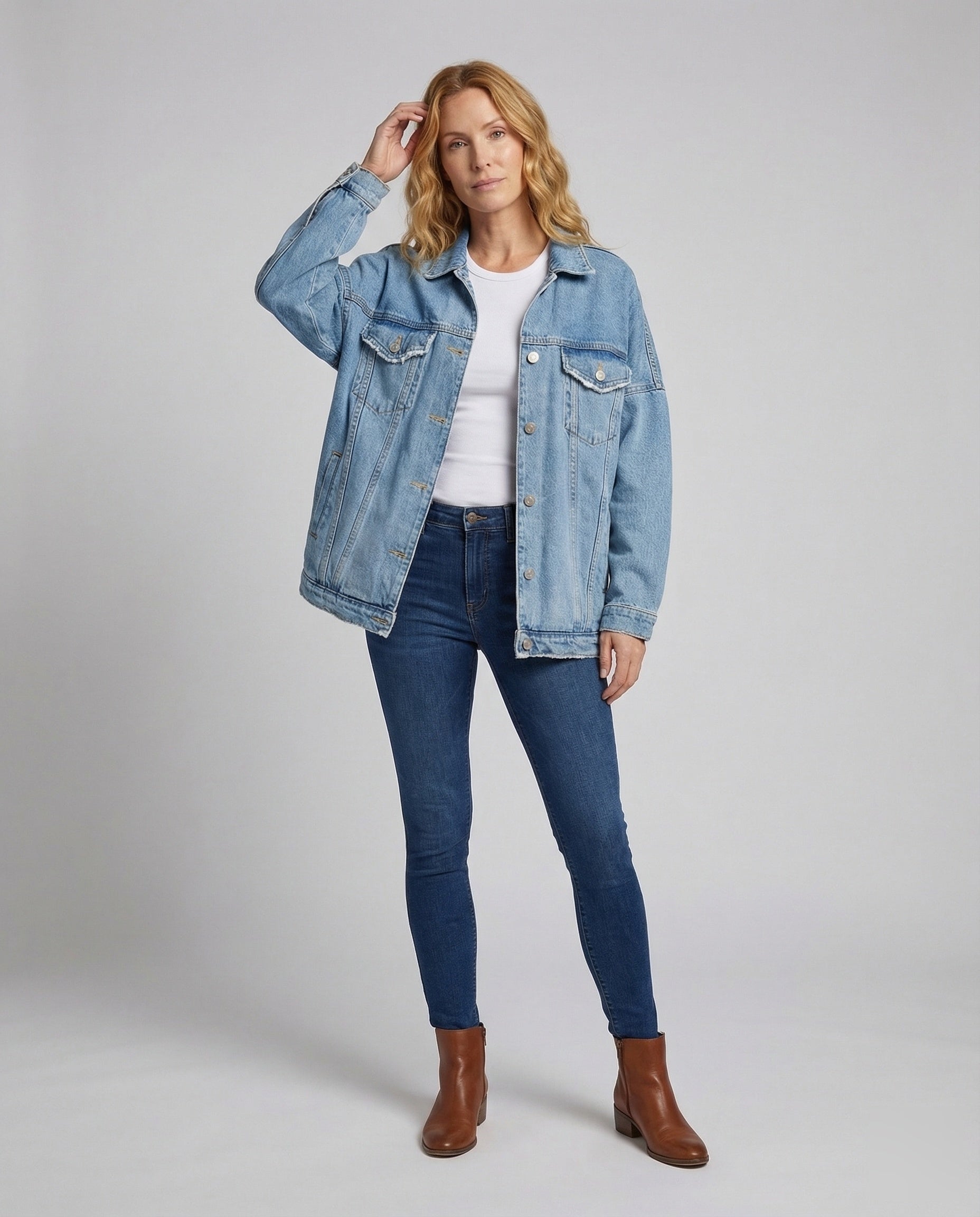 Damen Oversize Jeansjacke Metallknöpfe - Norvielle