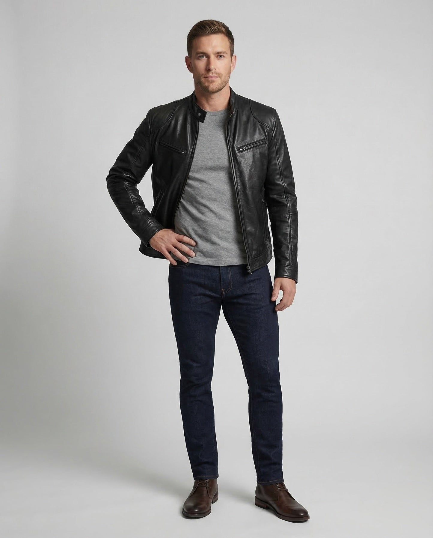 Herren Lederjacke Nappa Bikerstil - Norvielle