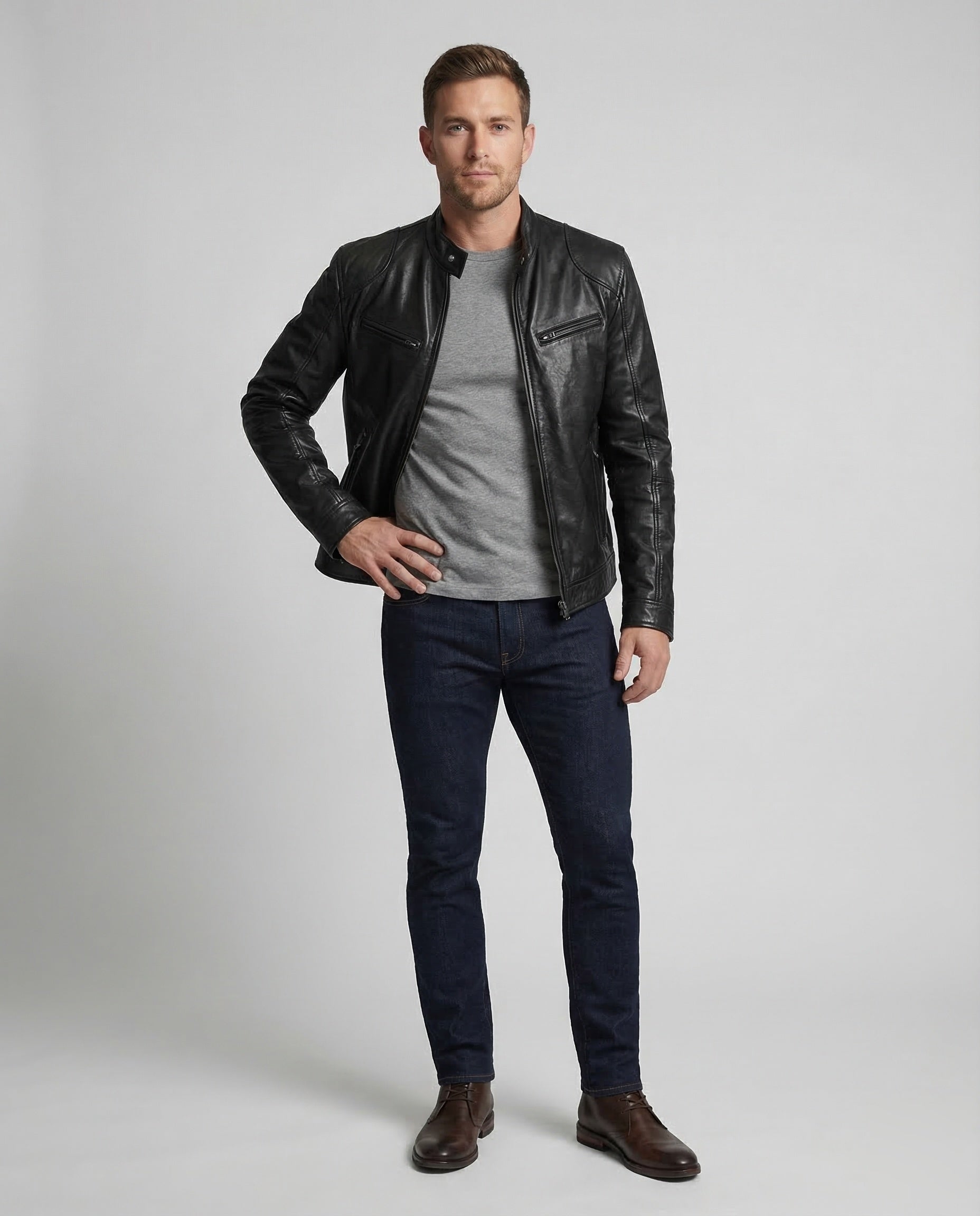 Herren Lederjacke Nappa Bikerstil - Norvielle