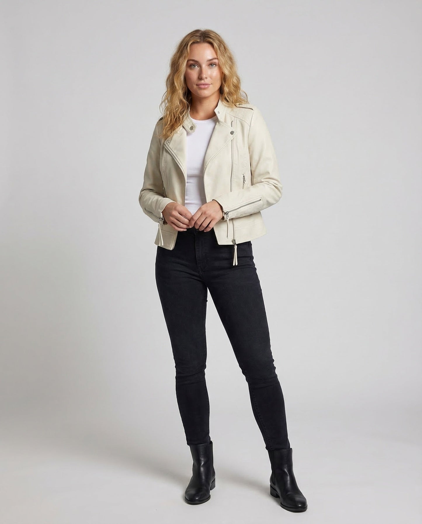 Damen Bikerjacke Kunstleder Asymmetrisch Schwarz - Norvielle