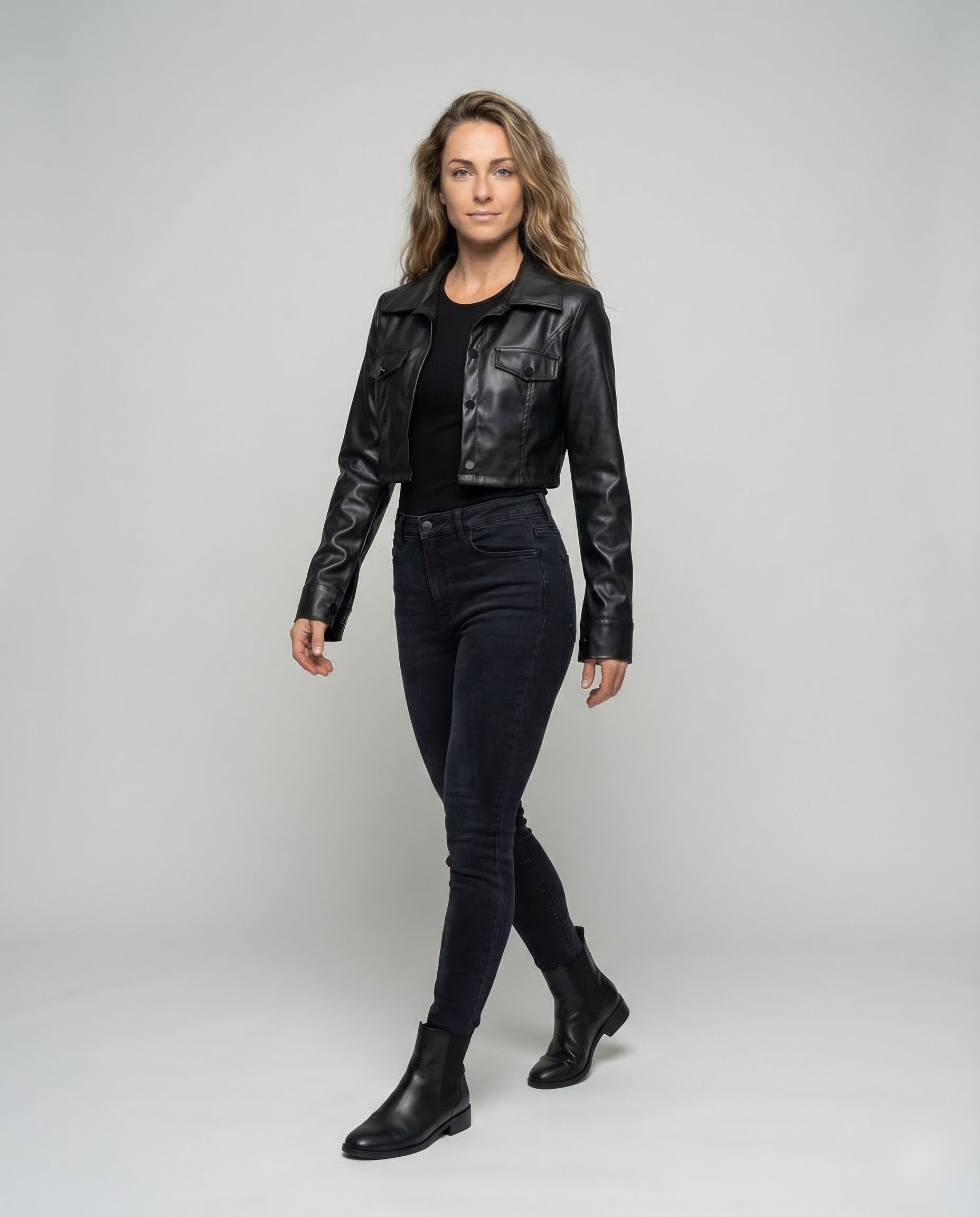Damen Lederjacke Kurz Hemdstil schwarz -> Damen Lederjacke Kurz - Norvielle