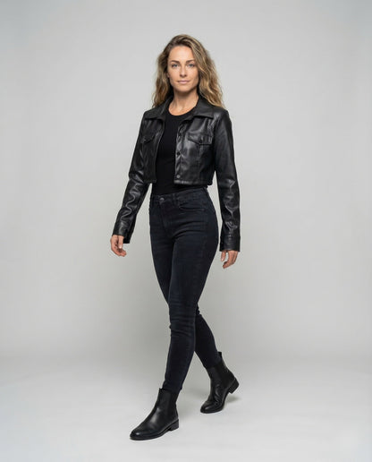 Damen Lederjacke Kurz Hemdstil schwarz -> Damen Lederjacke Kurz - Norvielle