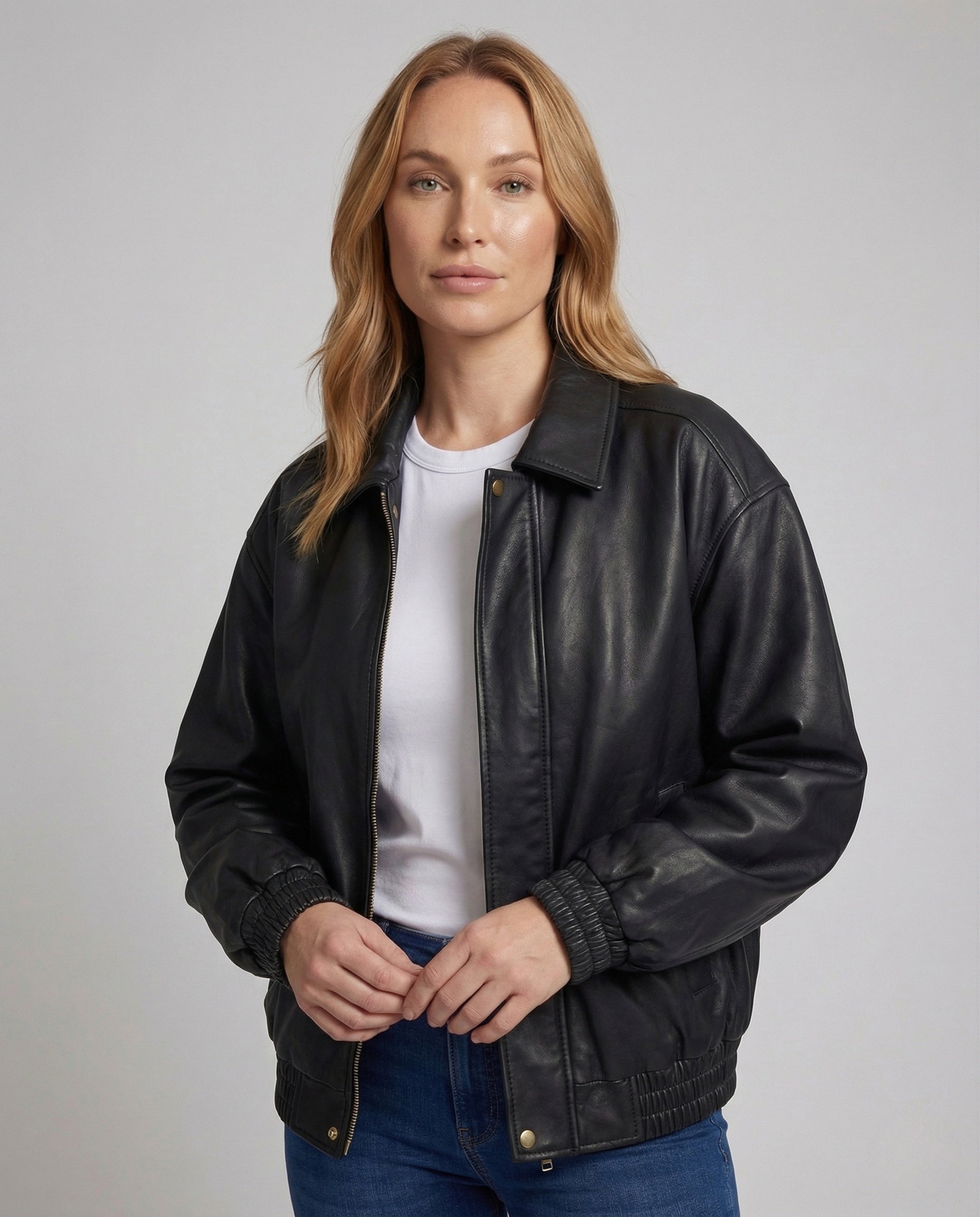 Damen Kunstlederjacke Hemdkragen Schwarz - Norvielle