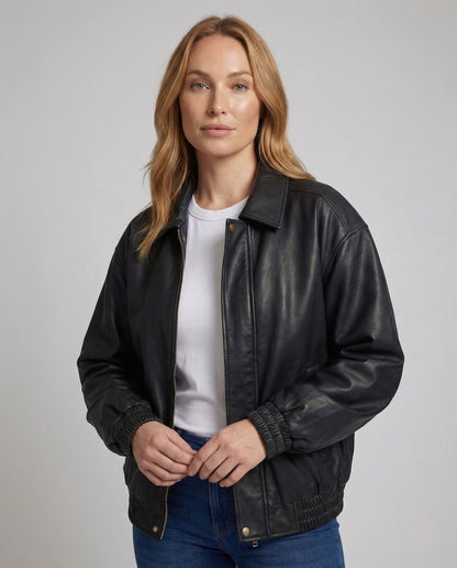 Damen Kunstlederjacke Hemdkragen Schwarz - Norvielle