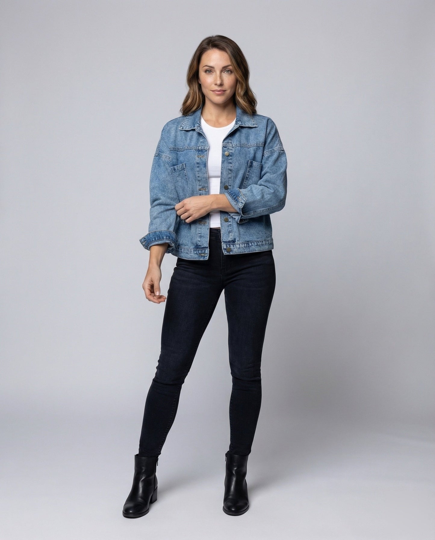 Damen Oversize Denimjacke Cropped Baumwolle Blau - Norvielle