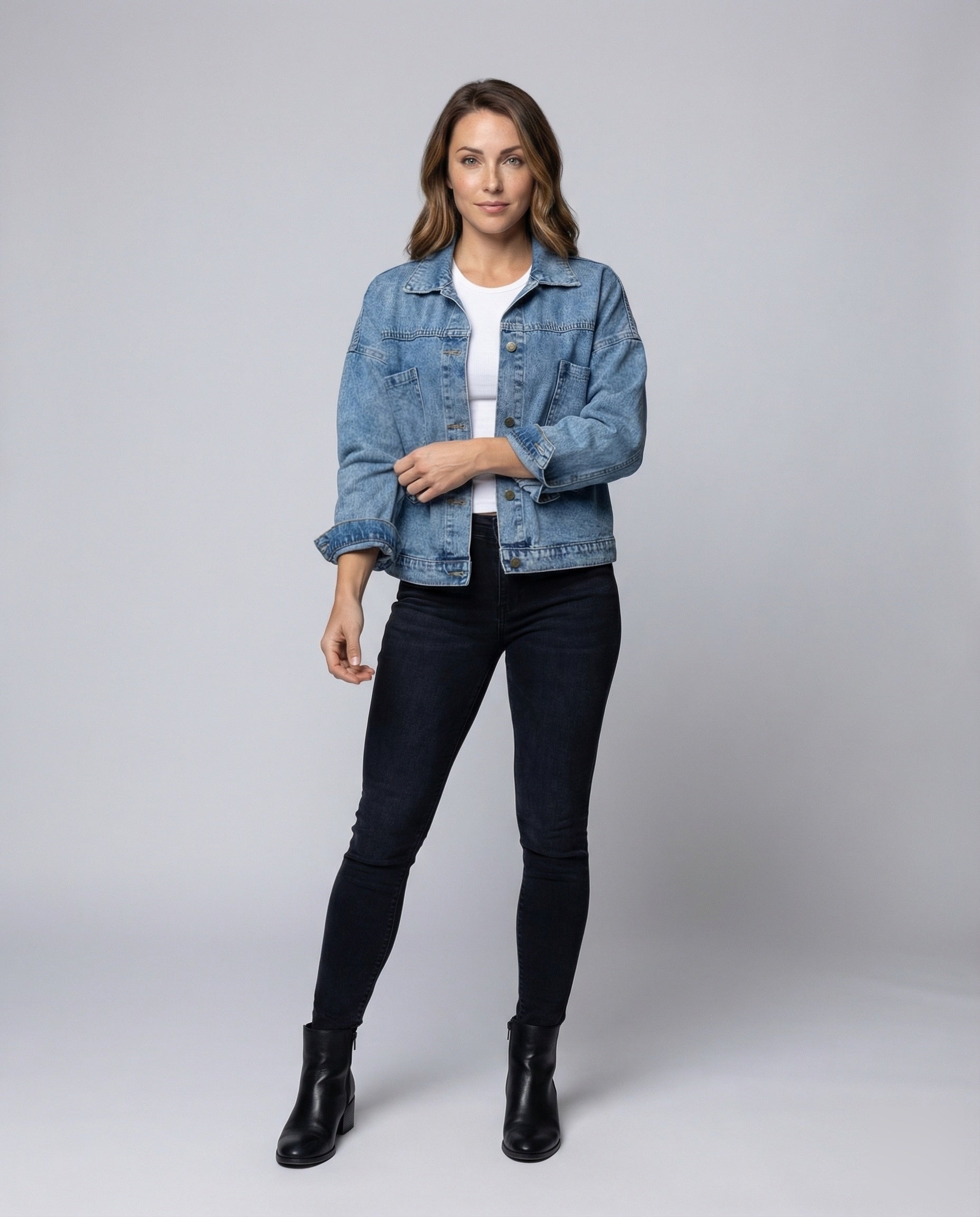 Damen Oversize Denimjacke Cropped Baumwolle Blau - Norvielle