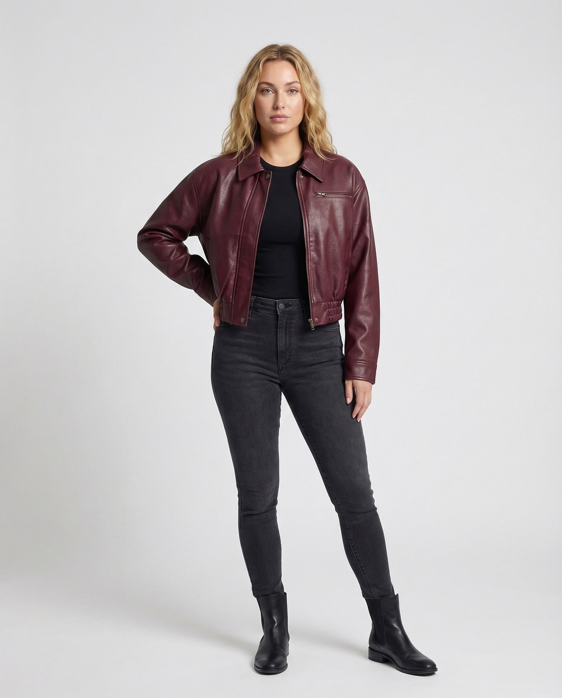 Damen Lederjacke Boxy Cropped Leder Schwarz - Norvielle