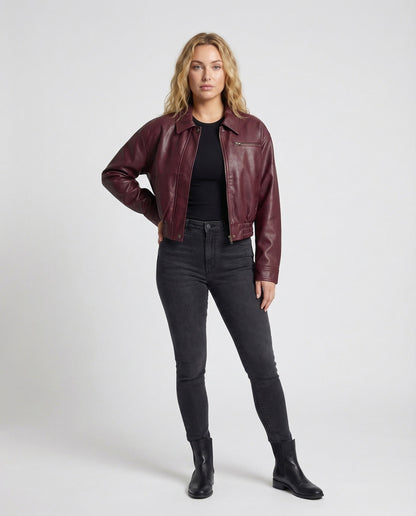 Damen Lederjacke Boxy Cropped Leder Schwarz - Norvielle