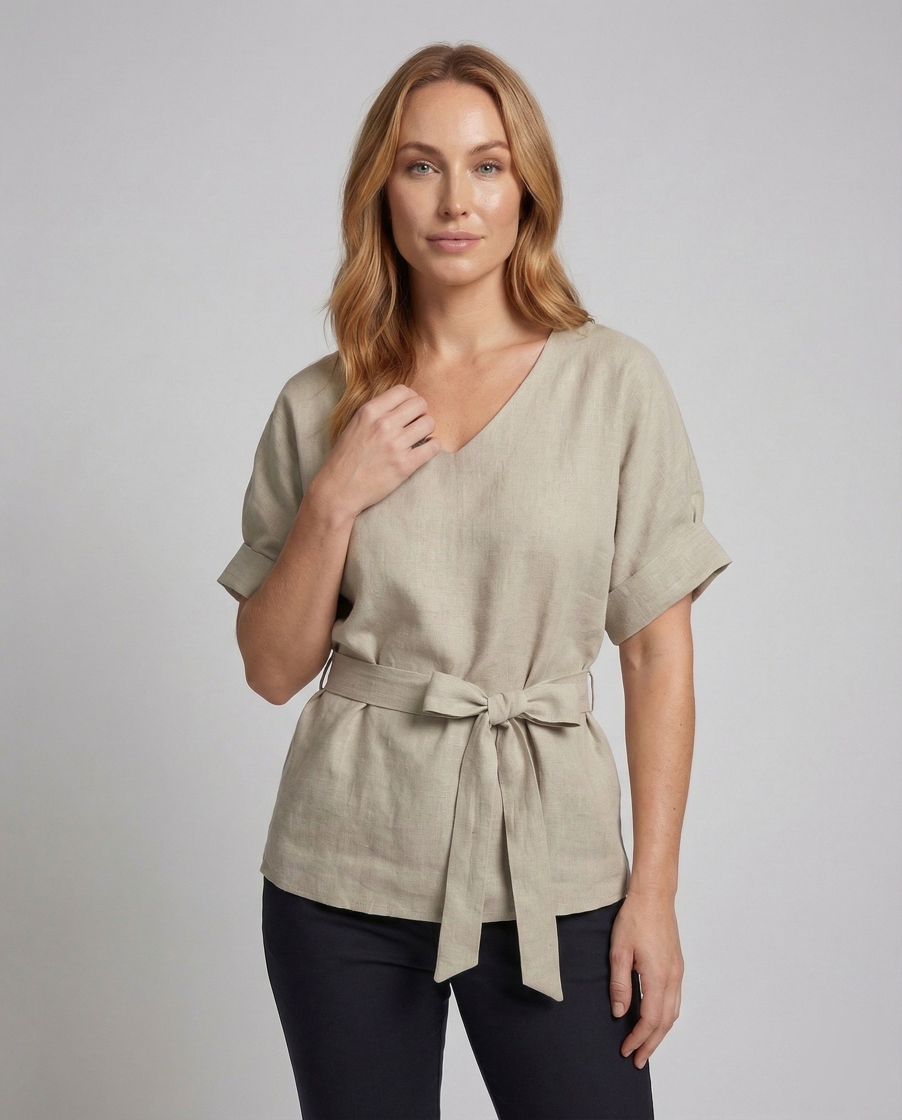 Damen Leinen-Tunika mit Gürtel Beige - Norvielle
