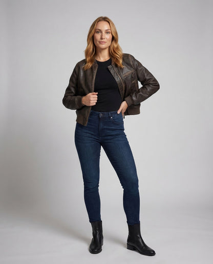 Damen Leder-Bomberjacke Kurz Schwarz - Norvielle