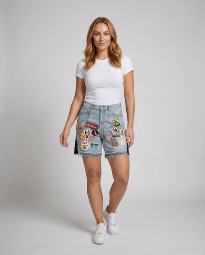 Damen Highwaist Jeansshorts Patchwork - Norvielle