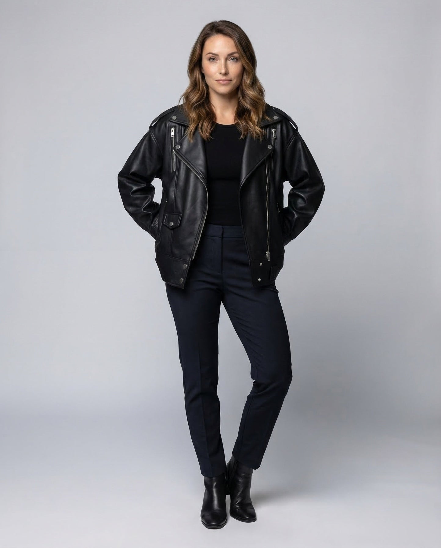 Damen Bikerjacke Kunstleder Schwarz Weit - Norvielle