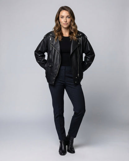 Damen Bikerjacke Kunstleder Schwarz Weit - Norvielle