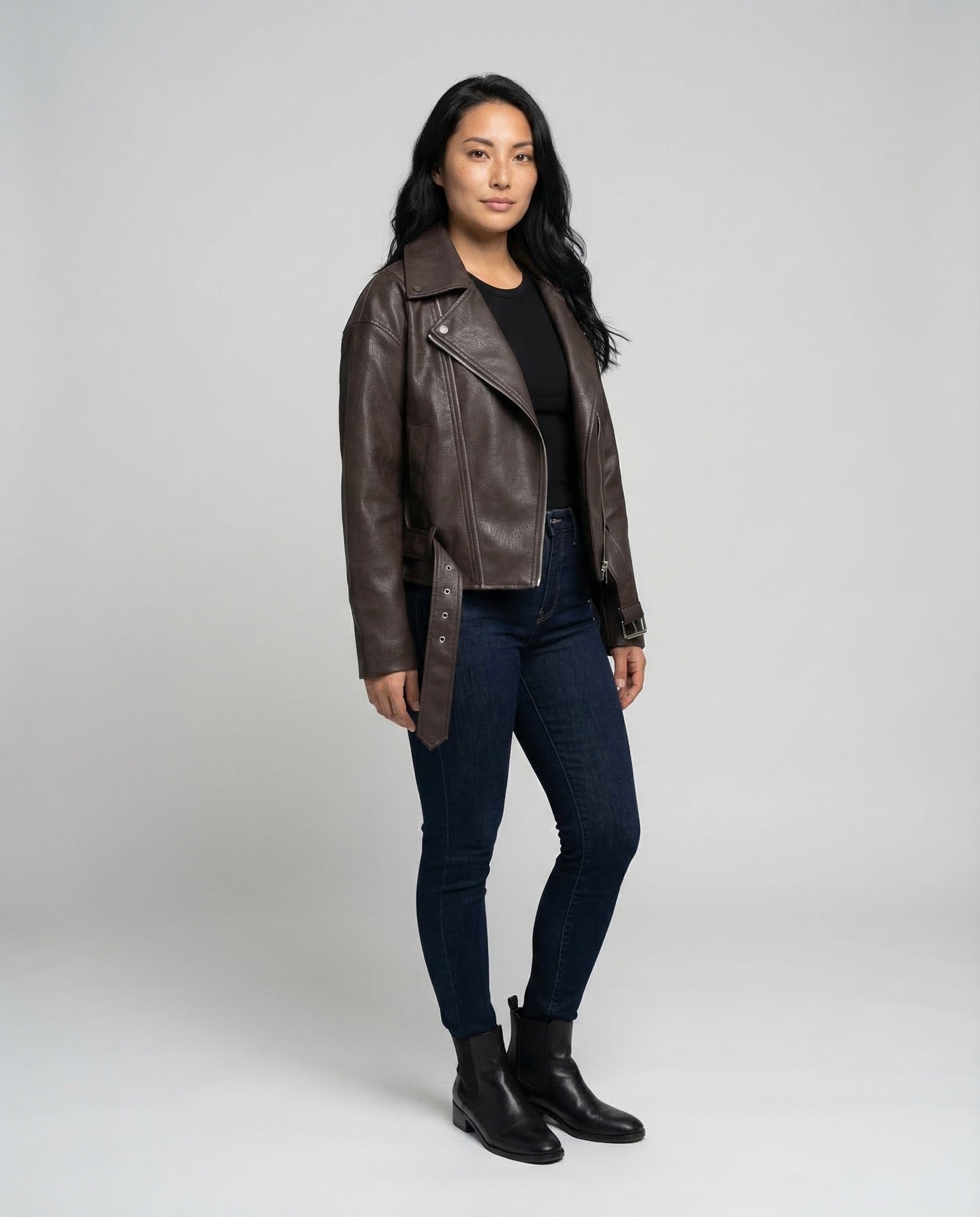 Damen Lederjacke Asymmetrisch Mit Gürtel Schwarz - Norvielle