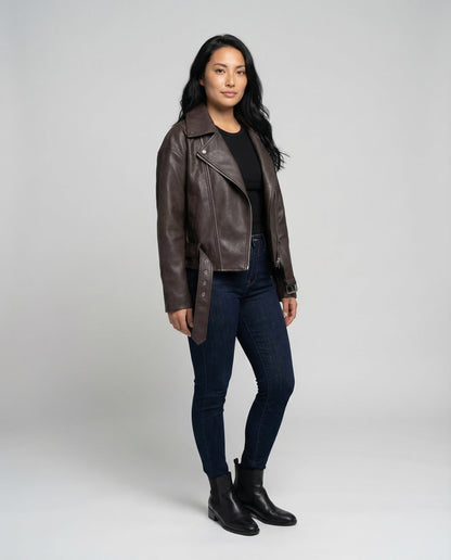 Damen Lederjacke Asymmetrisch Mit Gürtel Schwarz - Norvielle