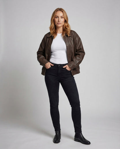 Damen Kunstlederjacke Boxy Revers Schwarz - Norvielle