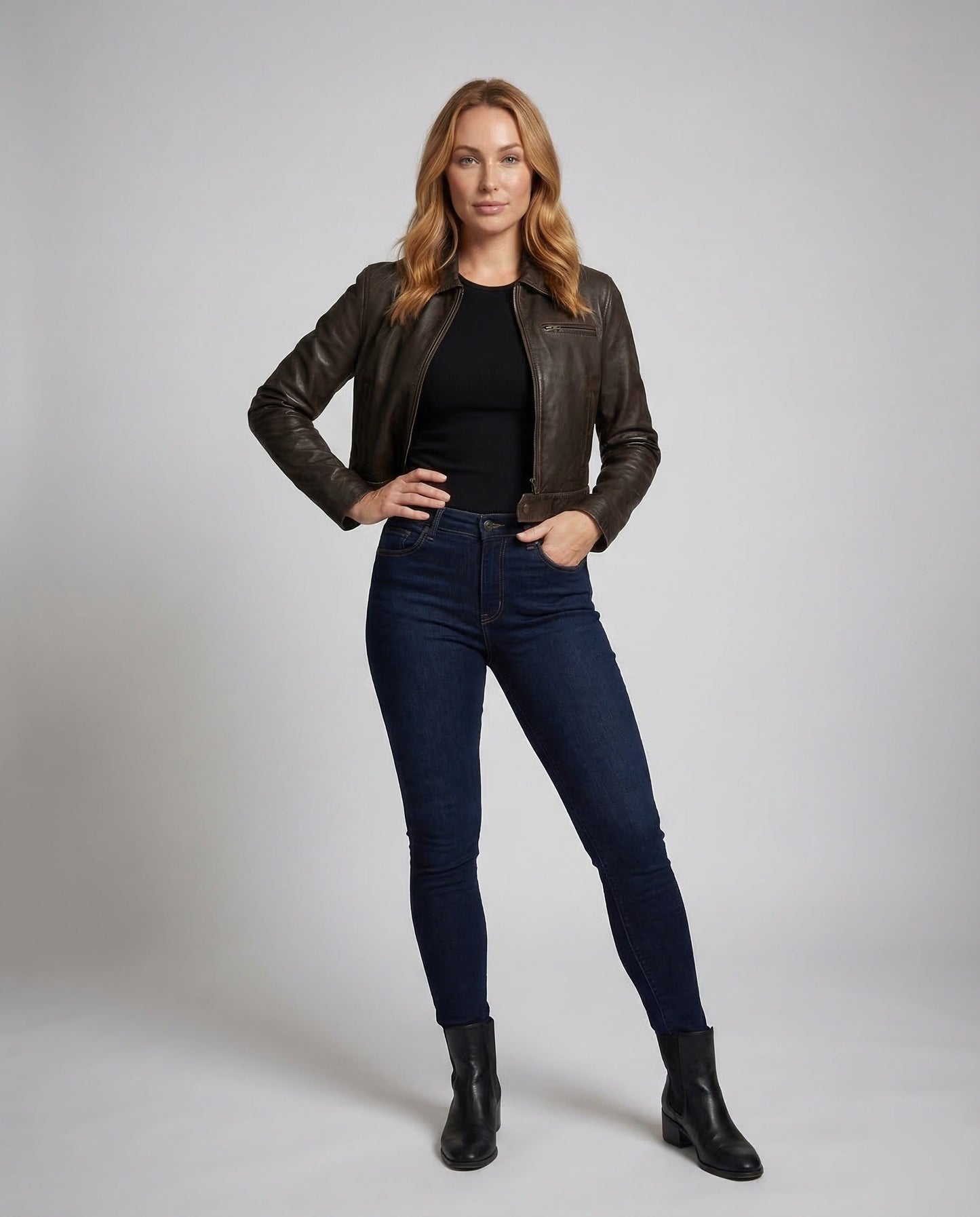 Damen Kurzlederjacke Revers Kunstleder Schwarz - Norvielle