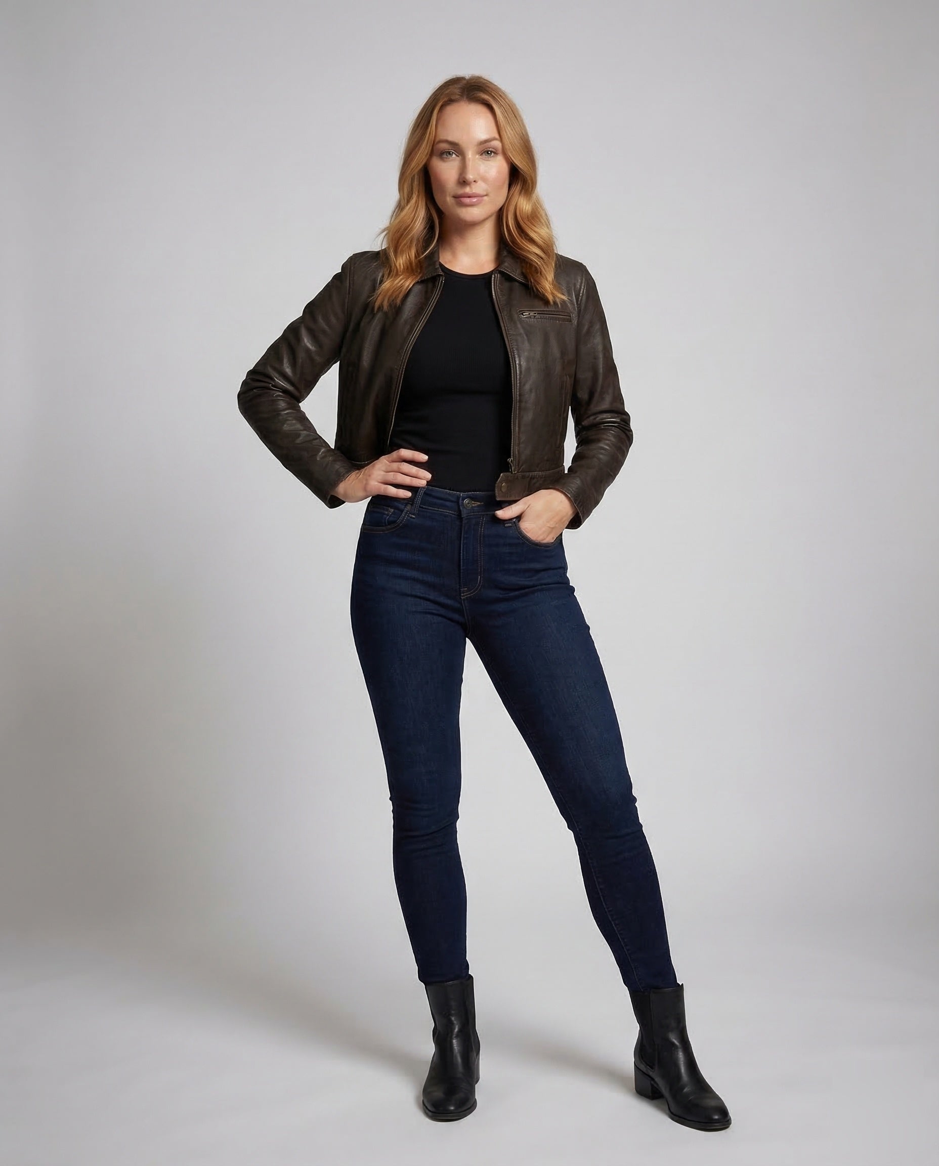 Damen Kurzlederjacke Revers Kunstleder Schwarz - Norvielle