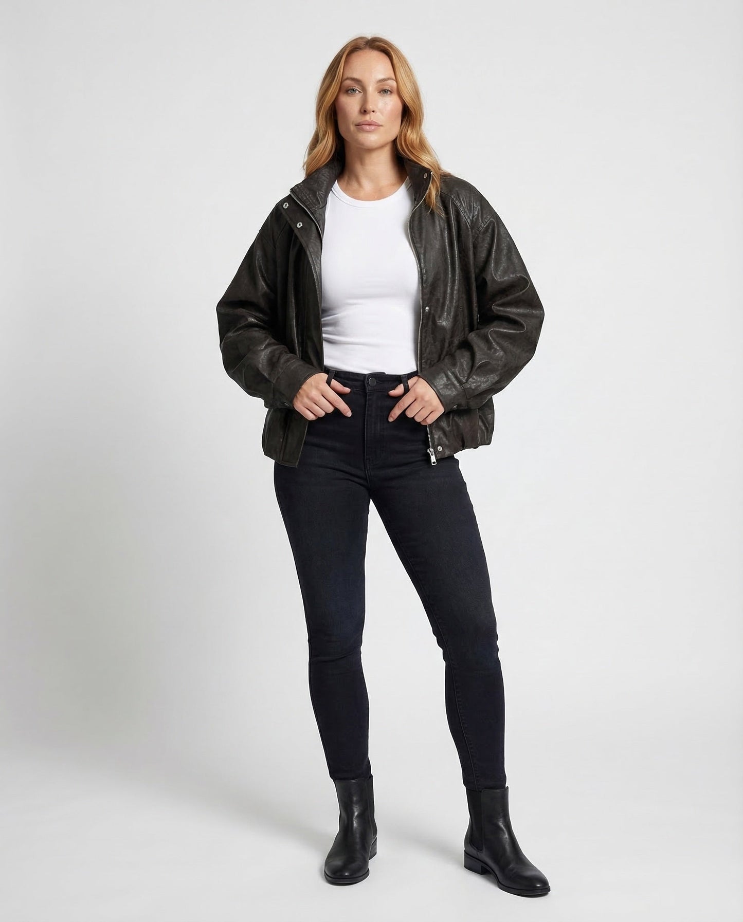 Damen Lederblouson Ballonärmel Lederoptik - Norvielle