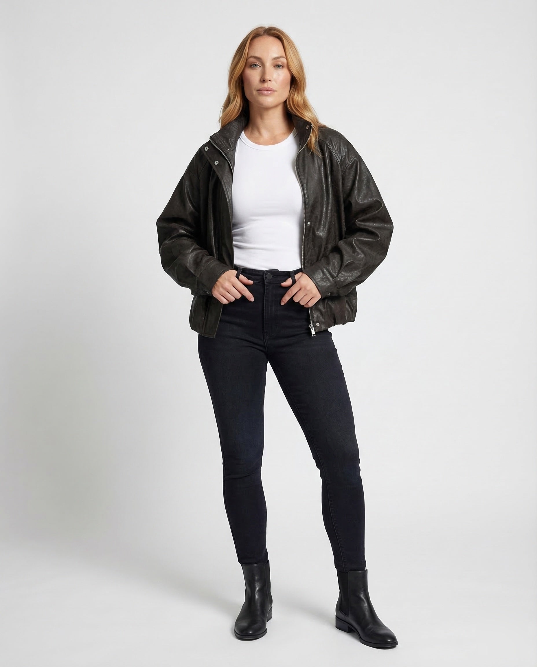 Damen Lederblouson Ballonärmel Lederoptik - Norvielle