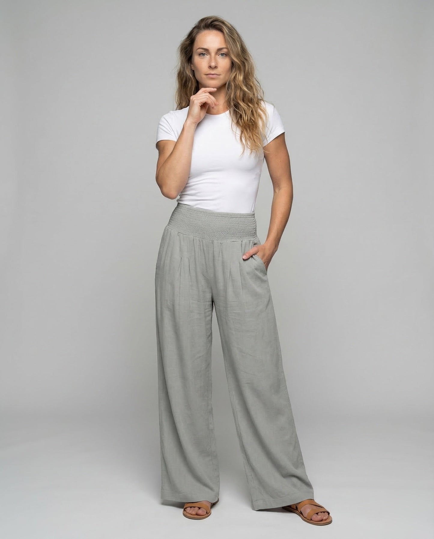 Damen Leinenhose Palazzo Smokbund Beige - Norvielle