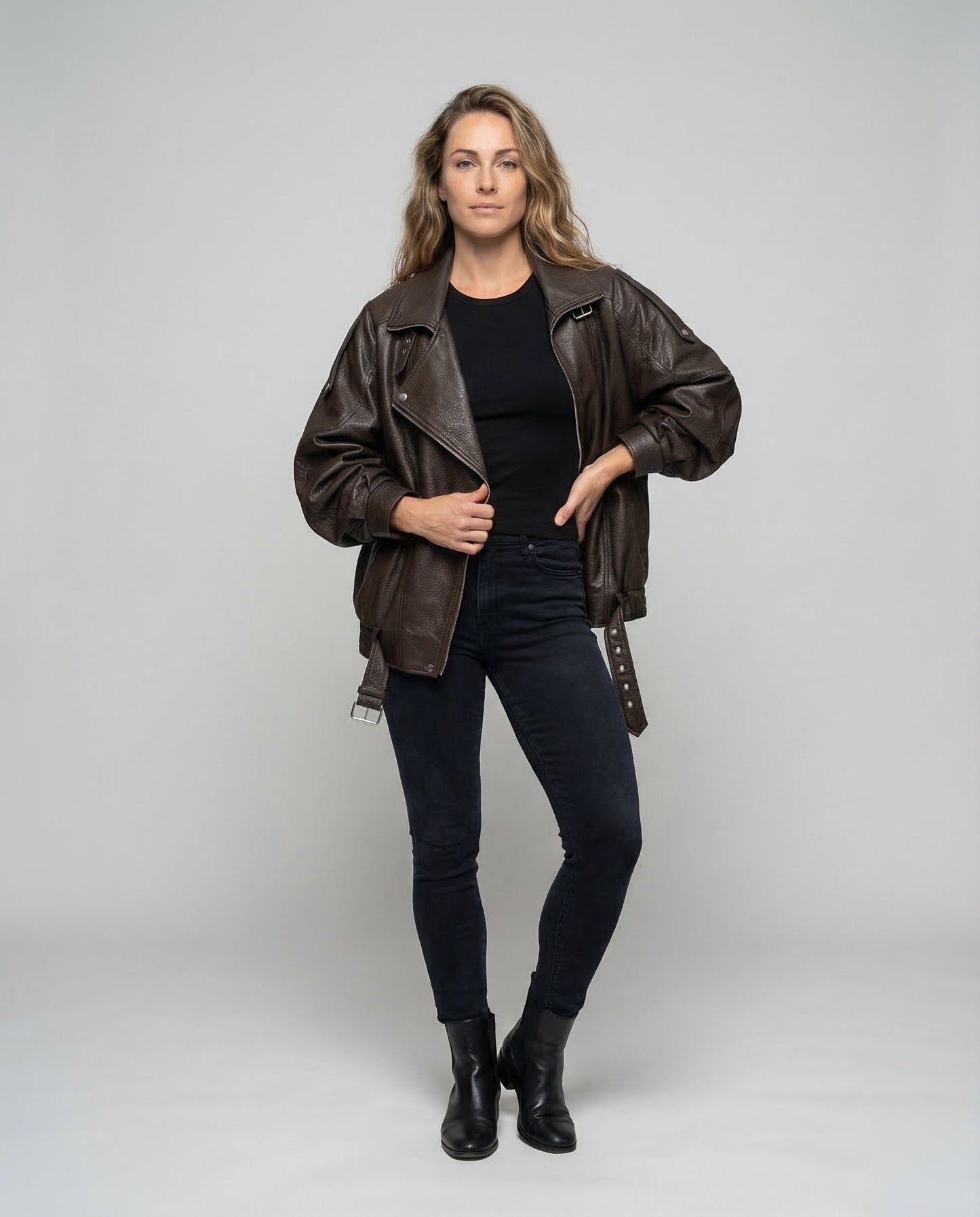 Damen Bikerjacke Oversize Kunstleder Schwarz - Norvielle