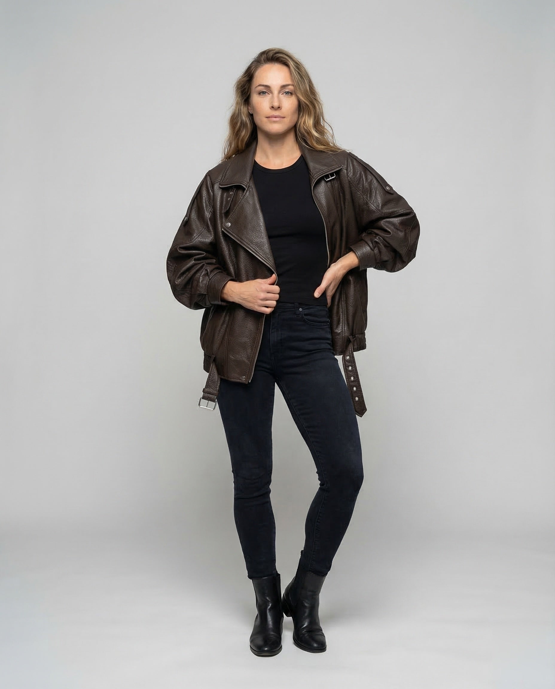 Damen Bikerjacke Oversize Kunstleder Schwarz - Norvielle