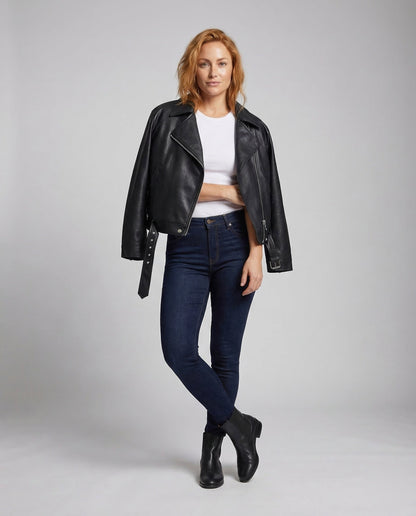 Damen Lederjacke Teddyfutter Optik Schwarz - Norvielle