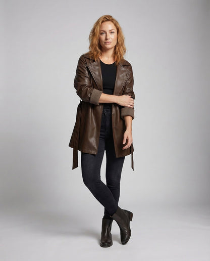 Damen Leder Trenchcoat Kurz - Norvielle