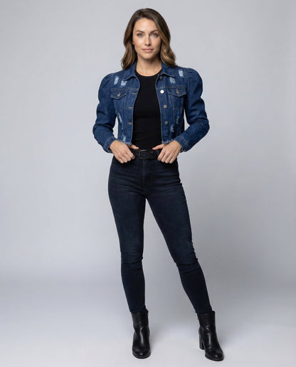 Damen Cropped Jeansjacke Mit Rissen - Norvielle