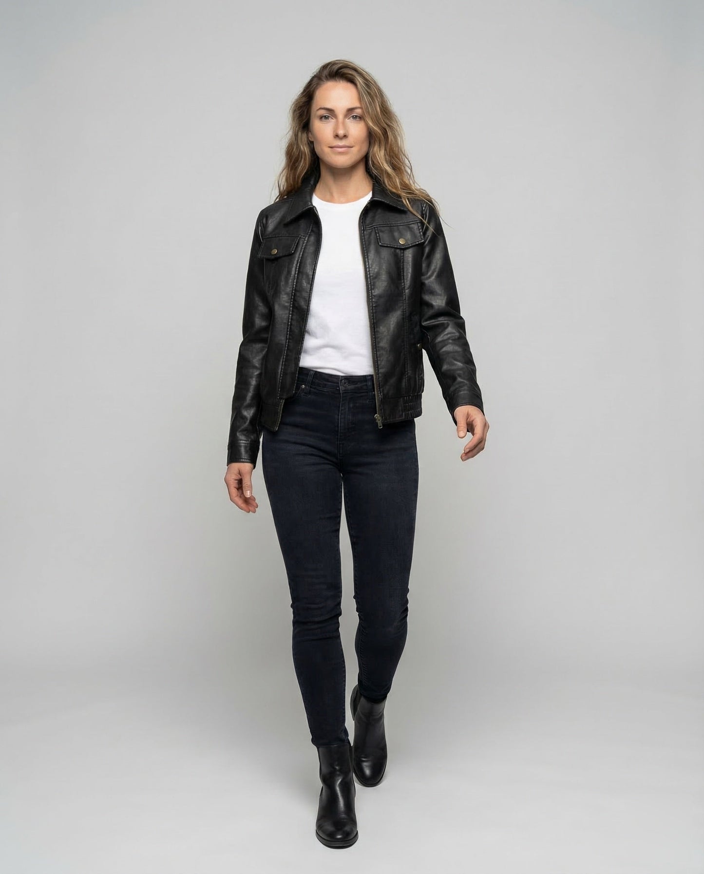 Damen Lederjacke Biker Style Schwarz Weit - Norvielle