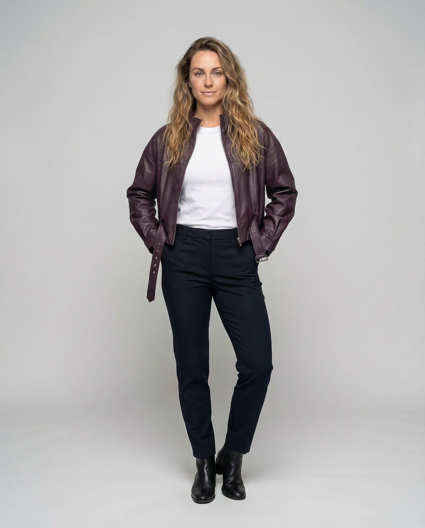 Damen Lederjacke Weit Stehkragen Gürtel Schwarz - Norvielle