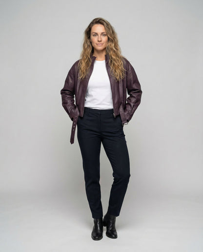 Damen Lederjacke Weit Stehkragen Gürtel Schwarz - Norvielle