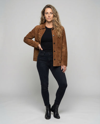 Damen Oversize Wildlederjacke Mit Hemdkragen - Norvielle