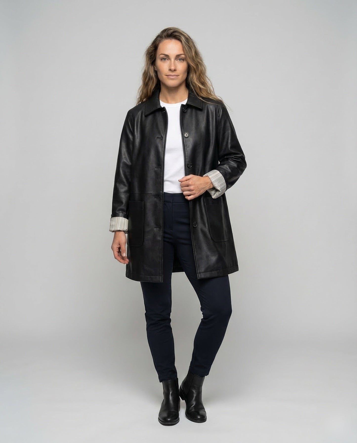 Damen Kunstledermantel Oversize Hemdkragen Schwarz - Norvielle