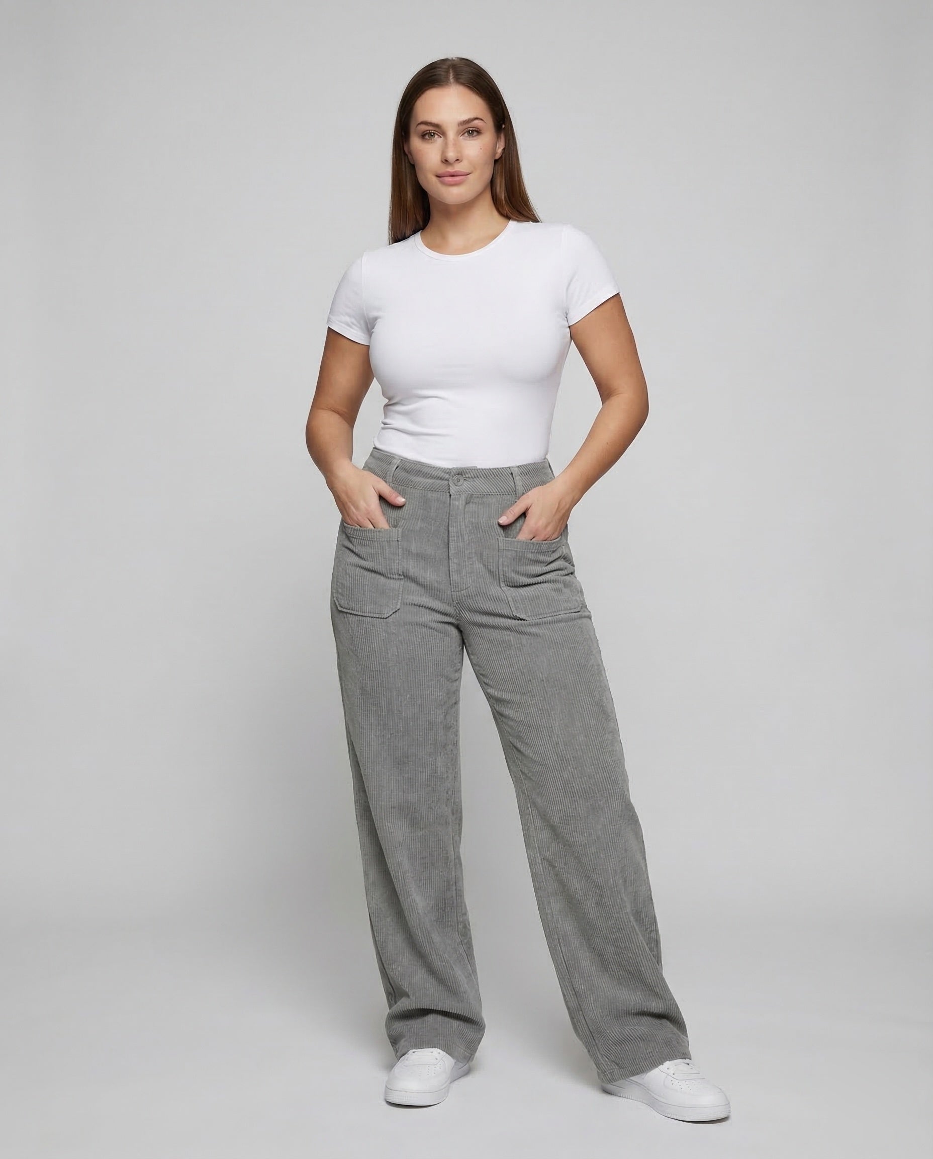 Damen High Waist Cordhose Weite Bein Schwarz - Norvielle