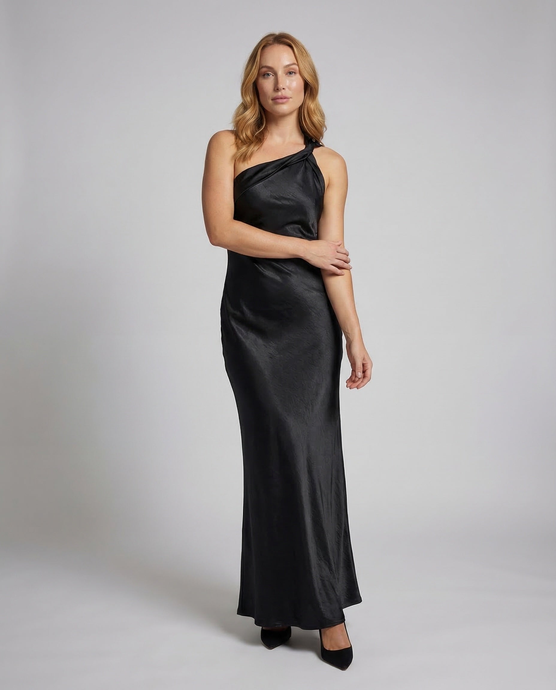 Damen Abendkleid Satin Ein Schulter Schwarz - Norvielle