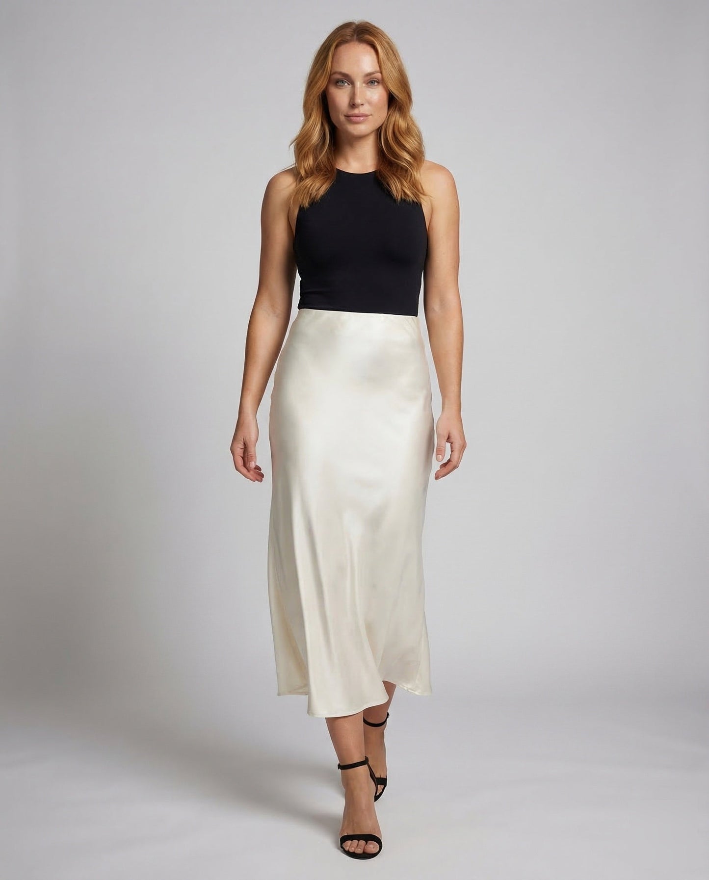 Damen Midirock Satin Hochtaillier Schwarz - Norvielle