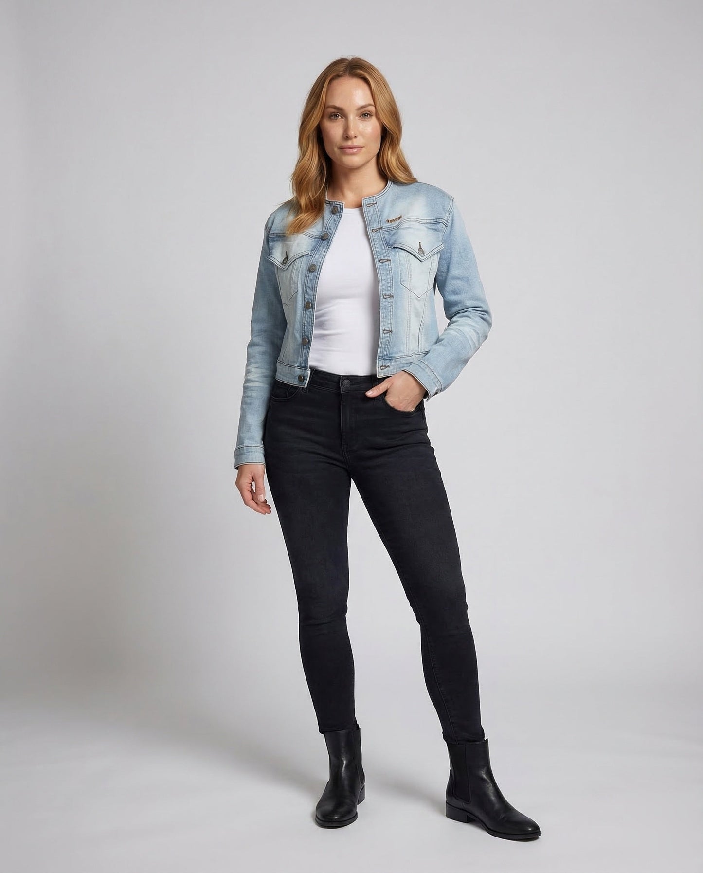 Damen Denimjacke Stehkragen Cropped - Norvielle